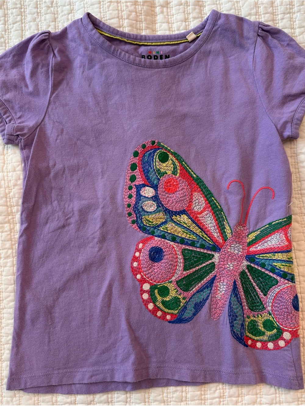 Mini Boden Lavender Tee with Multicolor Embroidered Butterfly